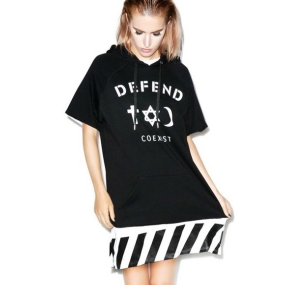 NEW NWT  DEFEND Co-Exist Cut-Off Black Hoodie Small - Picture 2 of 4